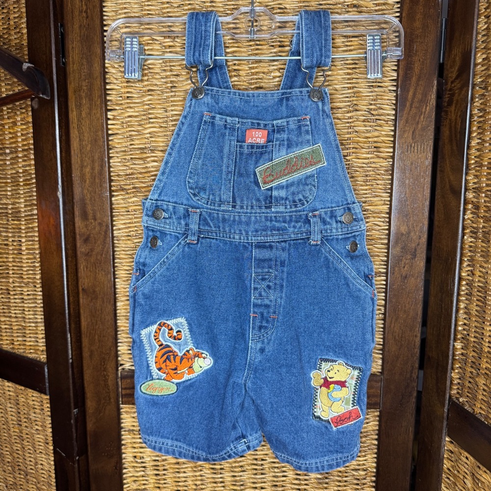 Vintage Disney Winnie the Pooh Tigger Denim Shortalls 4T Blue Overalls 100 Acre